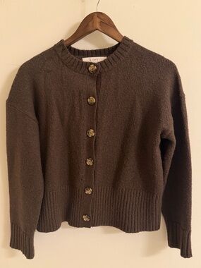 LOFT Brown Button-Front Textured Knit Cardigan